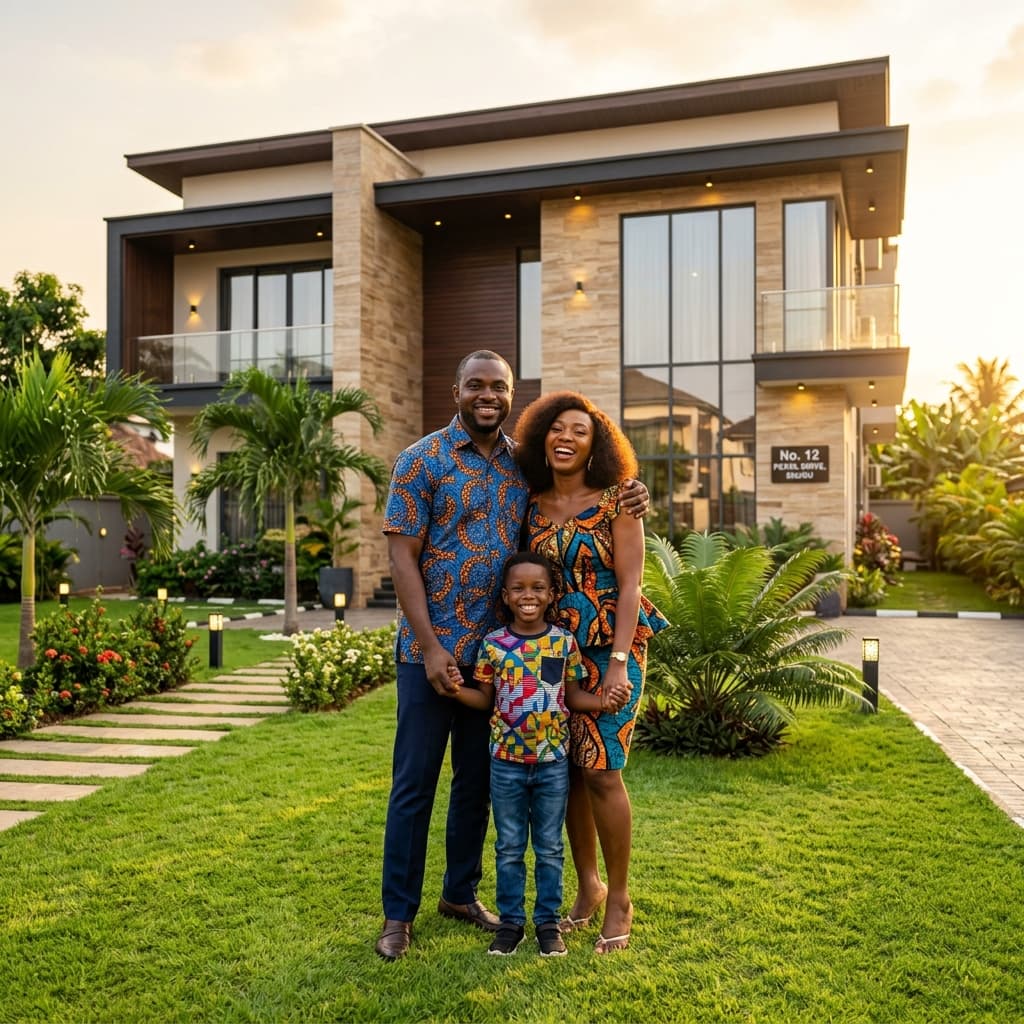 A proud Nigerian family standing in front of their modern ESHDC home